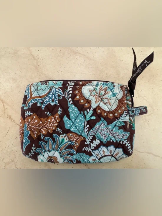 Vera Bradley Retired Pattern Java Brown & Turquoise Quilted Cosmetic Pouch EUC - Picture 1 of 5